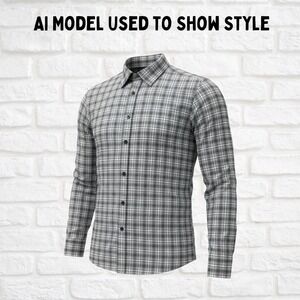 Egara Mens XL Slim Fit Non-Iron Shirt Long Sleeve Plaid Gray Blue 100% Cotton